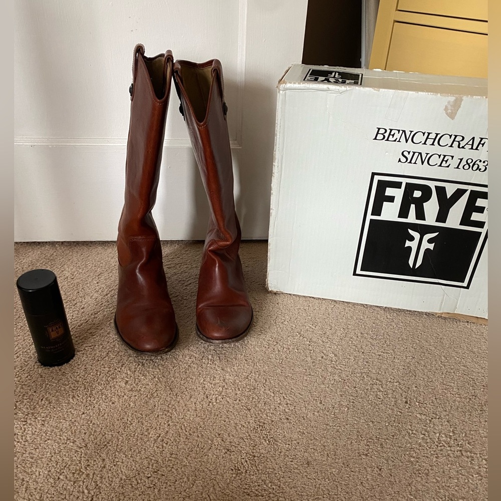Frye Melissa Button Tall Leather Boots, color cognac. Size 10M.